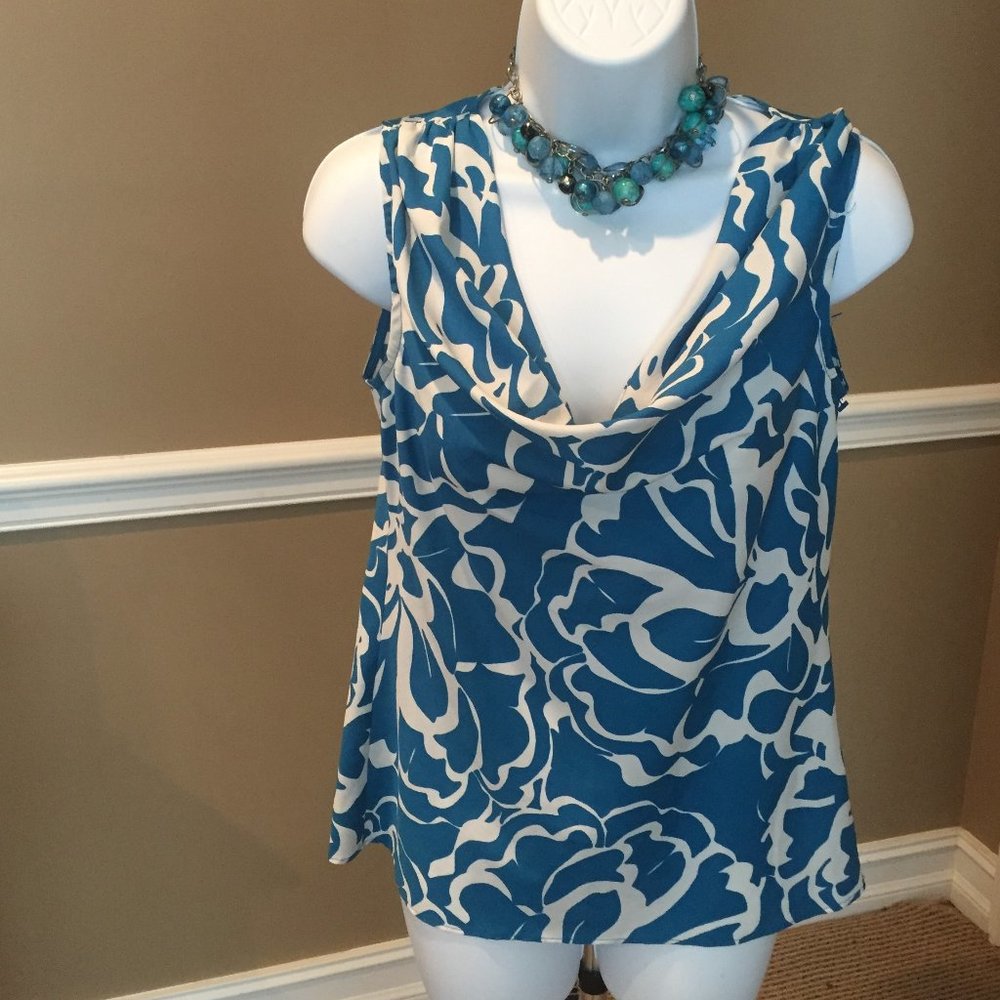 Ocean Blue & White Print sleeveless Draped Top XS